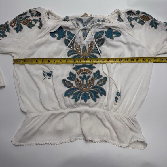 Soft Surroundings White Blue Embroidered Tunic Blouse Top M Medium Shirt Tassel - Picture 5 of 10